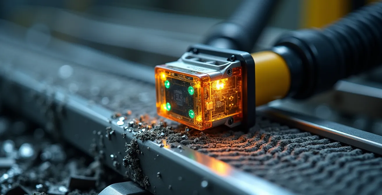 Close-up macro view of smart sensors mounted on industrial conveyor belt monitoring metal scrap flow