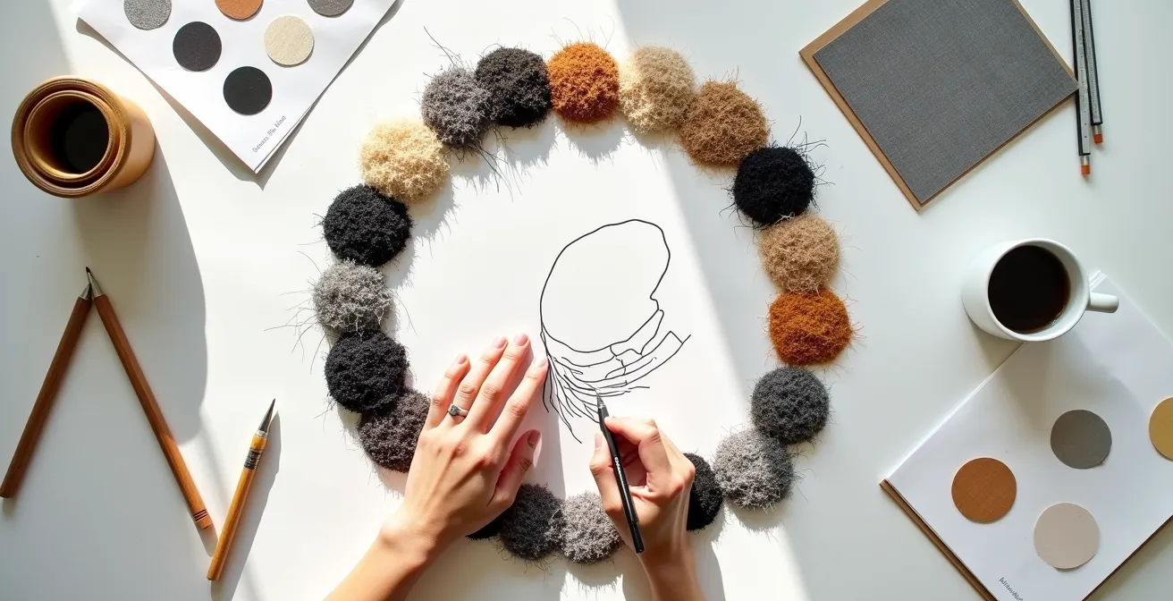 Aerial view of design workstation with material samples arranged in circular pattern demonstrating eco-design principles