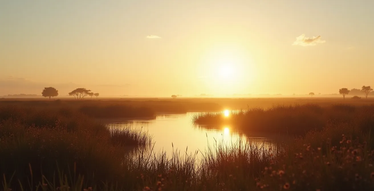 Wide landscape view of restored wetland area with native plants and natural water features