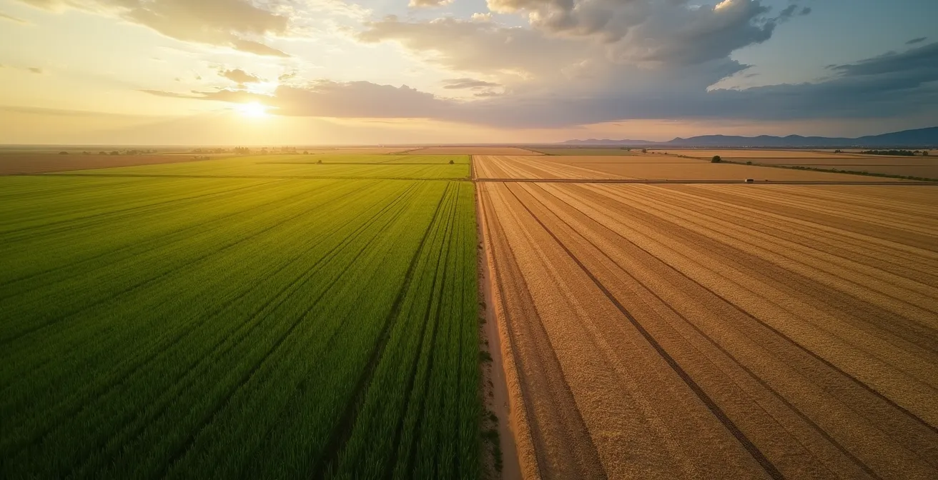 Split agricultural field showing high-yield vulnerable crops versus resilient lower-yield varieties